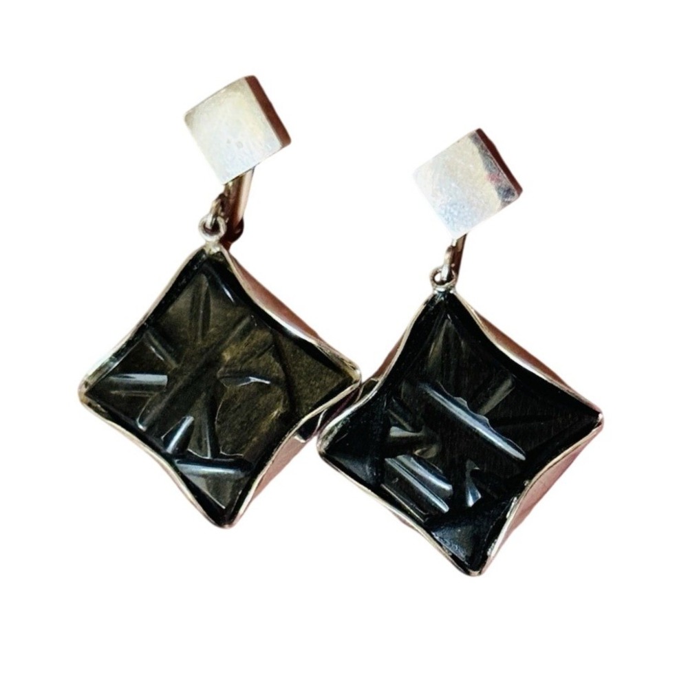 Mayan Mask Earrings VTG Onyx Stone Screw back Dangle Silver Plated Chunky retro